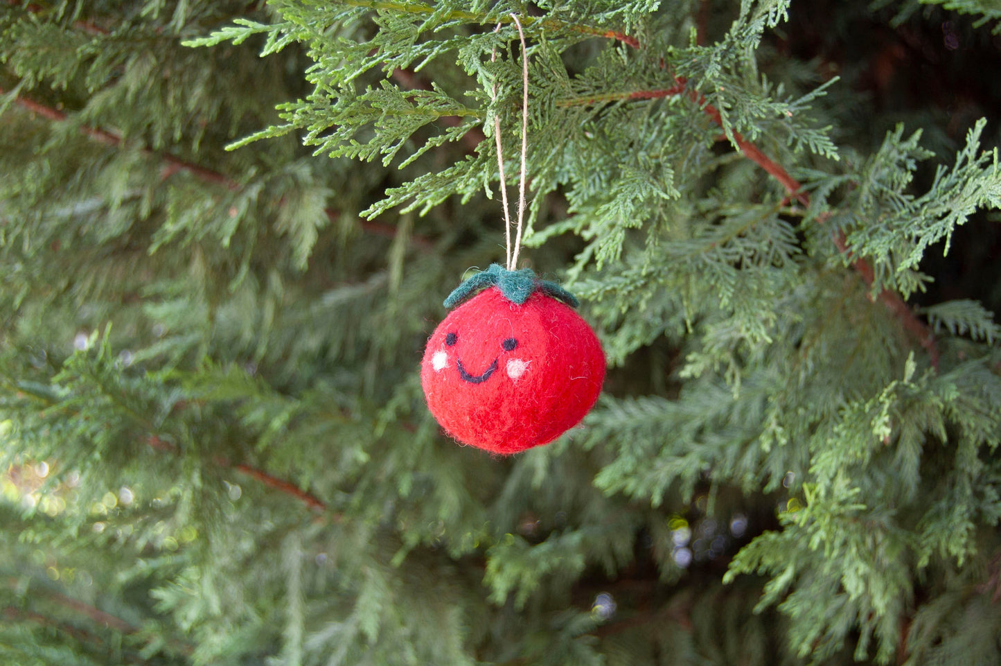 Red tomato ornament with a smiley face hanging on a Christmas tree