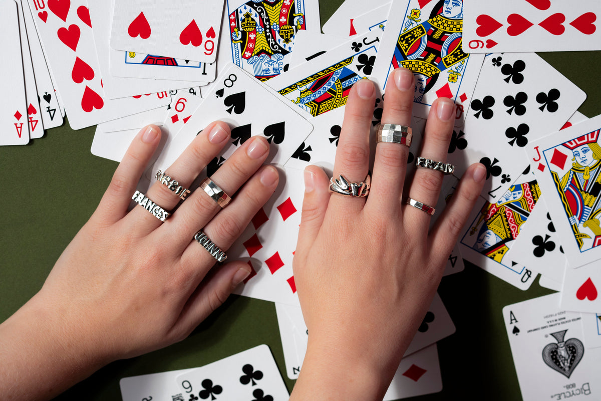 Silver signet rings in flat and bubble letters.