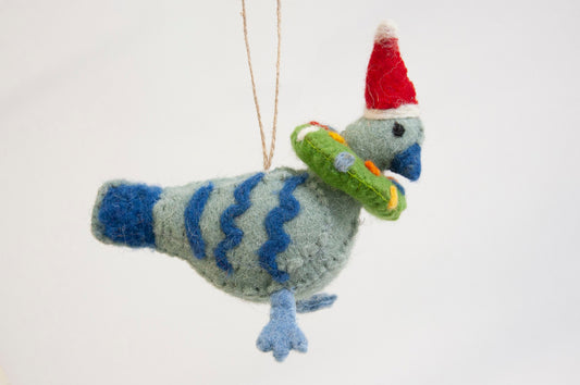 Felted bird ornament with a Santa hat and green ring on a white background - ZWEIBIE