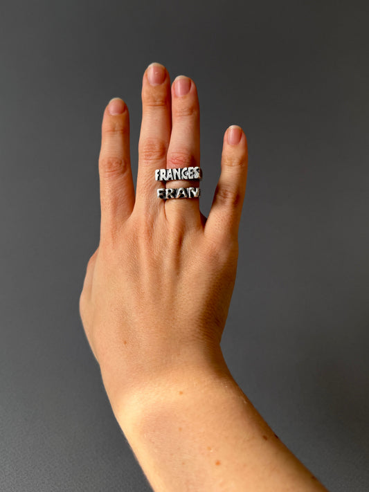 Silver signet rings in flat and bubble letters.